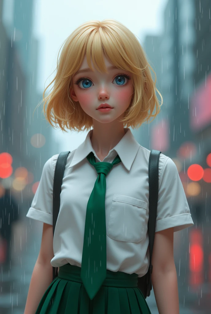 1 girl, short blonde hair, blue eyes, white shirt, green tie, green skirt, city, rain, highly detailed background best quality, 4k, 8k, highres, masterpiece:1.2, ultra-detailed, realistic, photorealistic:1.37, HDR, studio lighting, ultra-fine painting, sharp focus, physically-based rendering, extreme detail description, professional, vivid colors, bokeh, portrait