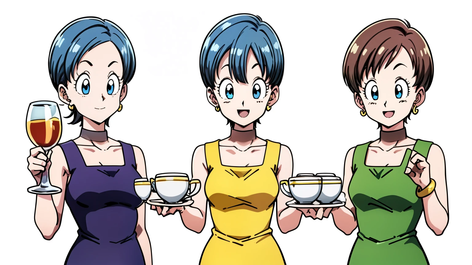 3People Girls, 3By people, View your viewers, jewelry, Upper Body, Earrings, White background, bracelet, dress, Gold Teacup, cheers, smile, Open your mouth, cheersしている, celebration, Toast,