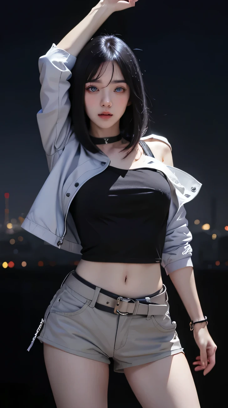 lucy \(cyberpunk\),
1girl, arm up, asymmetrical hair, belt, bodysuit, covered mouth, covered navel, detached sleeves, grey eyes, hip vent, holding, holding weapon, looking at viewer, night, night sky, pouch, short hair, sky, solo, weapon, white hair, wire, short shorts, shorts, open jacket,