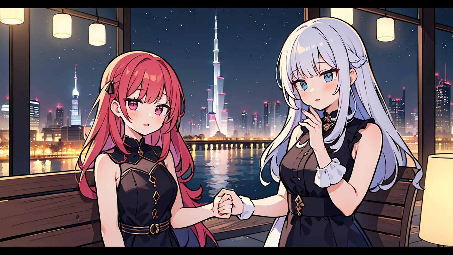 (masterpiece, best quality),2 women, different hair colors, different faces,letterboxed, perfection of fashion,Burton lips, sleeveless,dress,upper body, side,park bench with lake,Sitting on a chair and talking,Night view of Dubai Tower, Full of neon signs