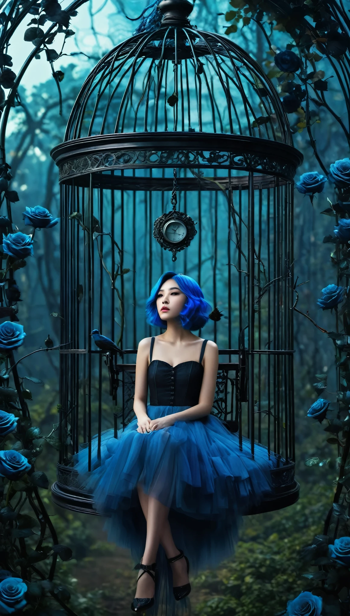 Image of forests of clocks interspersed with forests of thorns, dark, gloomy, mysterious but full of magic, shimmeringly beautiful, in the distance there is a giant birdcage surrounded by climbing black roses, a blue hair beautiful girl sitting on a swing in inside the bird cage, cinematic color, 16K, UHD, K-Pop Style

