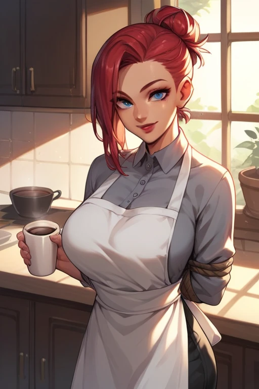 Woman cherry red hair tied up Blue eyes white skin red lips Hourglass body big breasts dressed in black pants gray shirt and white apron with smiling with a coffee