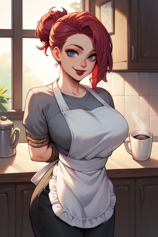 Woman cherry red hair tied up Blue eyes white skin red lips Hourglass body big breasts dressed in black pants gray shirt and white apron with smiling with a coffee 