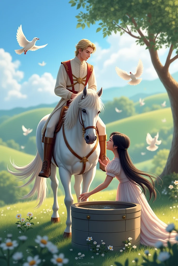 A blond-haired prince riding a white horse meets a servant girl with long black hair and white skin drawing water from a well.. There are white doves in the picture