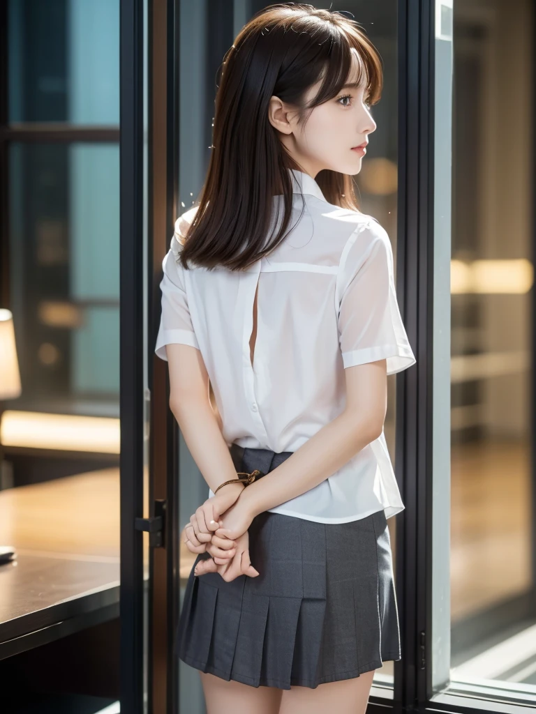 woman、her hands are tied、((put your hands behind your back))、((Place your hands together and cross them behind your back))、(((Her wrists are tied with rope)))、shibari、Beauty、20Year、university student、(anatomicaly, Has two arms and two hands)、In a lighted hotel room、Standing by the window、Outside the window is the night sky、There are many stars、Wearing a short-sleeved blouse、Wear a high school student-style miniskirt、Uniform eyes、Proportional ratio、Small breasts、Small face、(I can see from head to heel), Black Hair, bangs, swept bangs, Straight hair, Nervous, Messy Hair, Floating hair, Cinema Lighting, tachi-e, First-person view, throw, From behind, F/1.2, Nikon, Surrealism, 超High resolution, Highest quality, High resolution, 8k, Textured skin, anatomicaly正しい体,