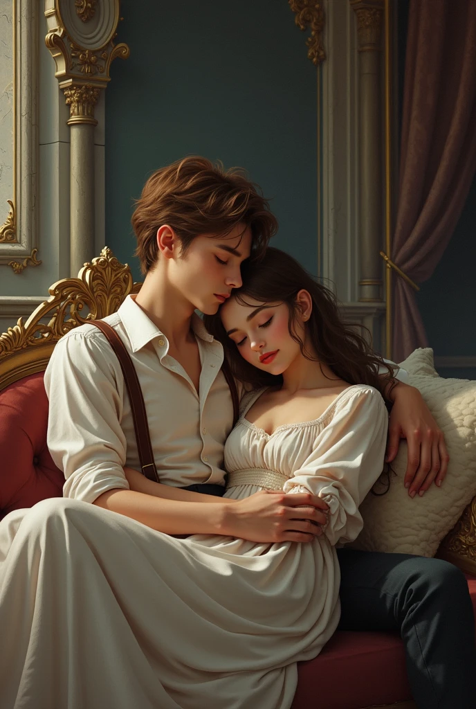 fantasy couple, Young brown-haired man wearing suspenders sleeping on a woman&#39;s thighs in a castle 