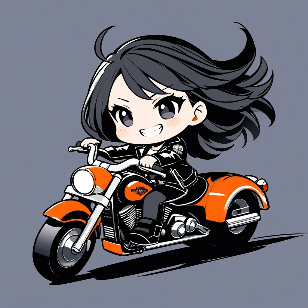 ultra-small deformation, Chibi Cute, 1girl, solo, full body, Black Leather Jacket and pants, rider boots, riding a Harley-Davidson big motorcycle, grin, fluttering hair, High contrast and vivid color, simple background