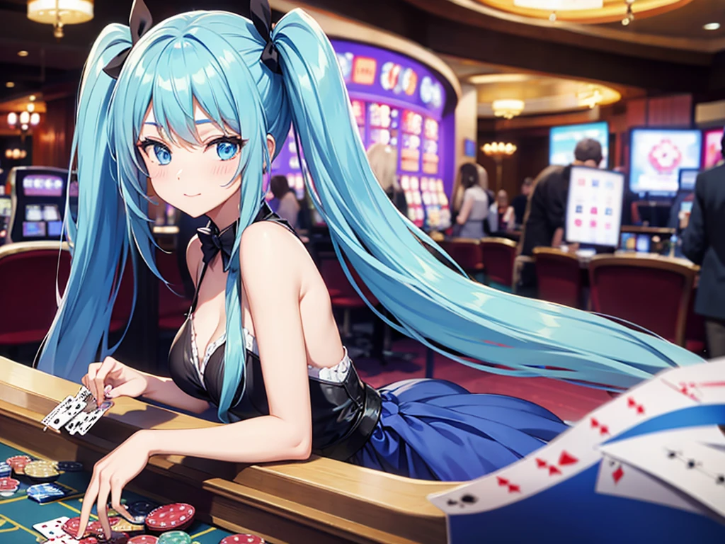 Light blue long hair　beautiful girl with twin tails　Playing cards at a casino　Beautiful Girl Dealer
