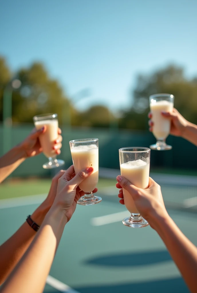Tennis court background，Several people hold small boxes of milk and raise their glasses，Photography