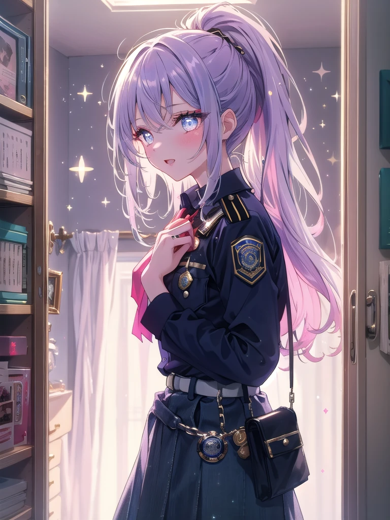 ((8k, Highest quality, masterpiece: 1.3)),Ultra-high resolution,(1 girl, alone), (Color changing eyes, Ultra-detailed, Expressive brilliance, Glitter, Glowing Eyes), Highly detailed eyes, Highly detailed face, Random Hair, ((pastel colour)),A playful young woman with pastel lavender hair styled into a high ponytail, standing near her closet in her stylish bedroom during the late afternoon. She is dressed in a sexy police officer cosplay, wearing a tight navy blue uniform, a badge pinned to her chest, and a pair of handcuffs hanging from her belt. The camera captures her from a side angle as she playfully twirls the handcuffs around her finger, her expression confident and teasing. The room is filled with warm, natural light, with a full-length mirror reflecting her figure, and a few scattered clothes adding to the casual yet seductive atmosphere.