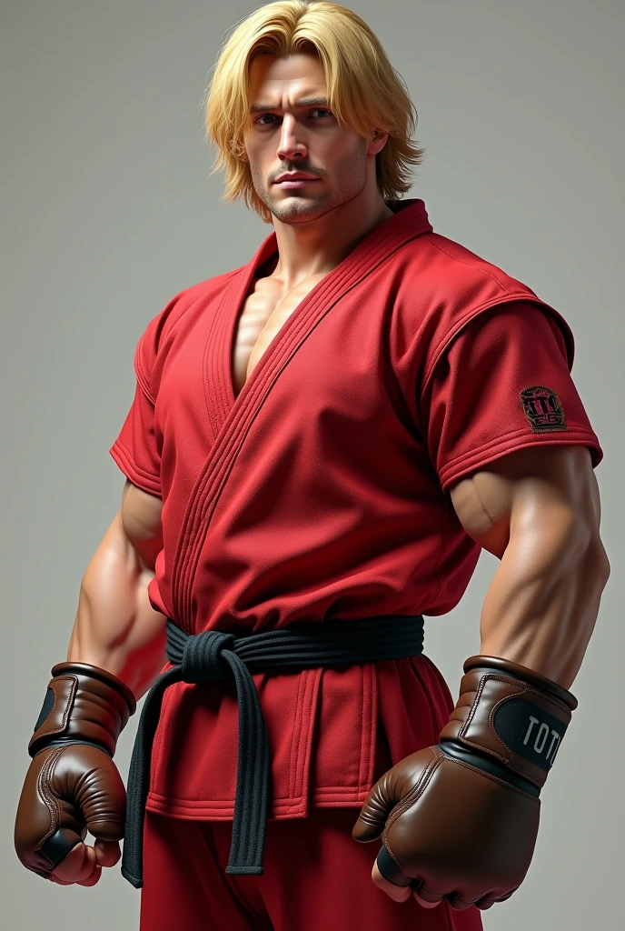 (photorealism:1.2) make the image as real as possible.

A blonde middle length hair male with a muscular build. His eyes are light brown and he has on a red karate gi that exposes his leanest arms. His mma gloves are brown with thick padding. 
