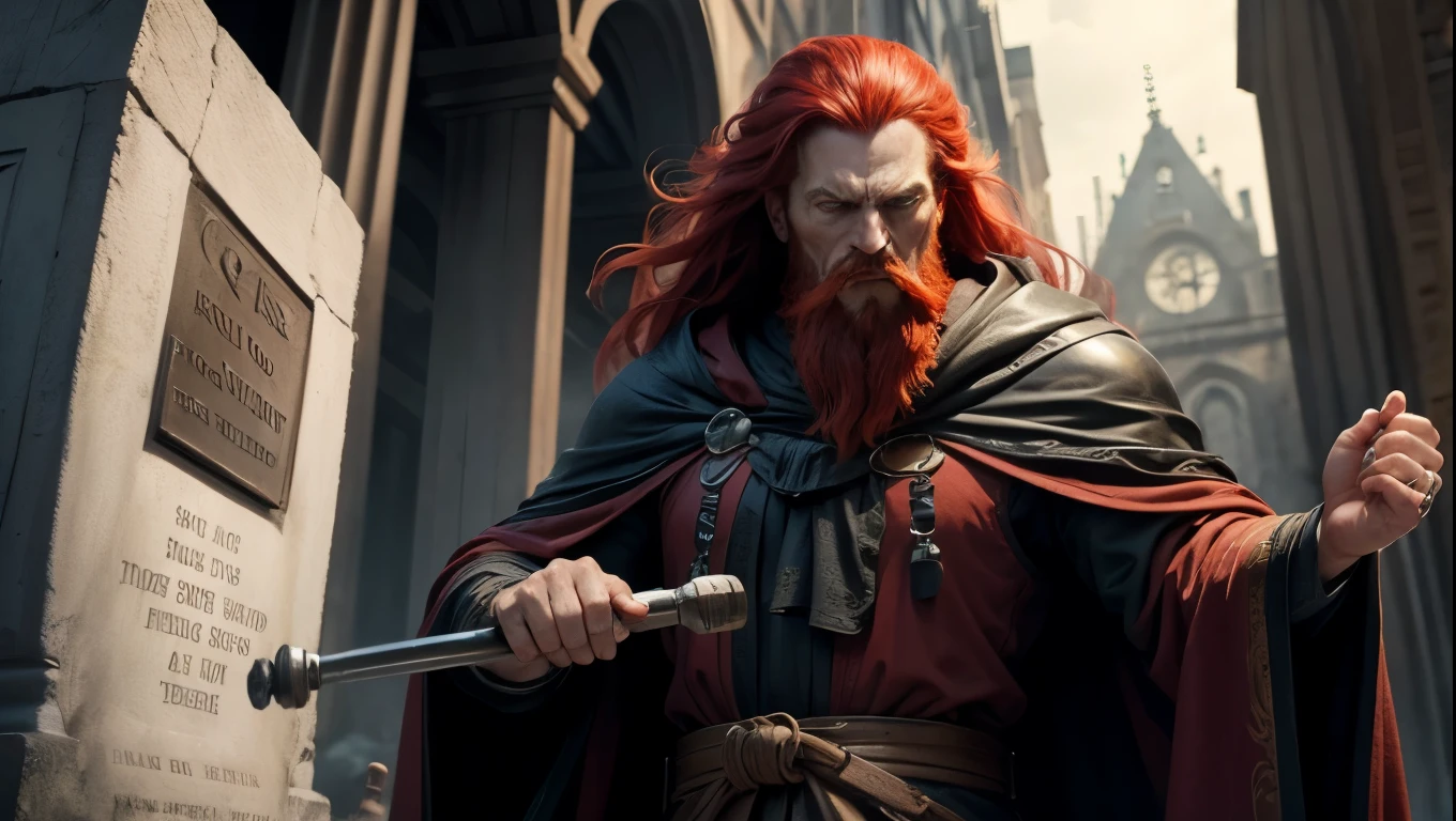 good quality, ultra high resolution，masterpiece, （reality，detail，close up）An wizard with red hair and long red beard，Wearing a black robe，Armed with crutches，The expression is insidious，Standing next to the tombstone