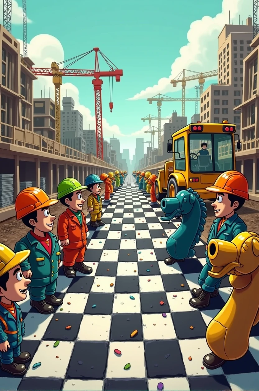 Cartoon image of a chessboard, with construction machinery and construction workers as chess pieces.