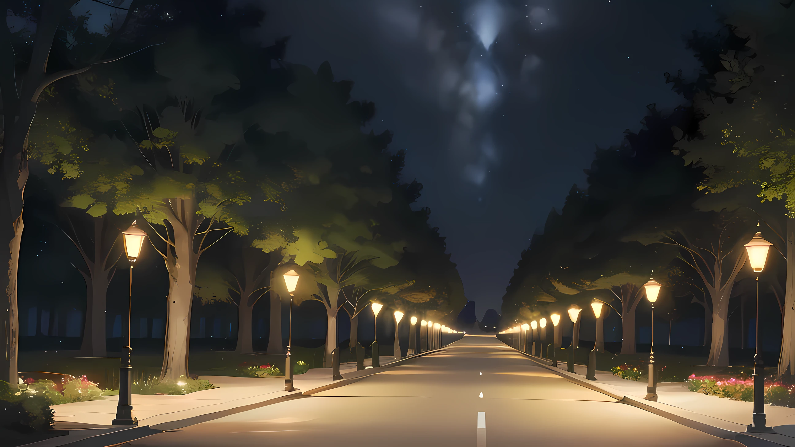 Masterpiece, Park, {{tress on both sides}}, [a pathway between the trees], street lights, high quality, best quality, HD, realistic, perfect lighting, detailed, glowing, set background, {perfect proportions}, (((No Humans))), no cars, more trees, night time, pathway centre view, less sky more pathway,