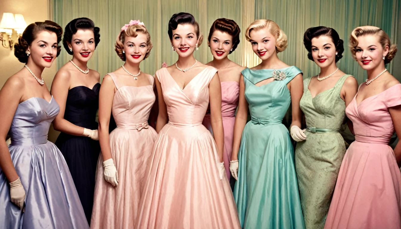 a group of elegant women at a 1950s party" An image featuring a group of elegant women, each wearing their distinctive 1950s evening gowns, posing for a photo at a chic women's evening . Image is edited with a retro pastel palette, reflecting the camaraderie and timeless fashion of 1950s social gatherings.