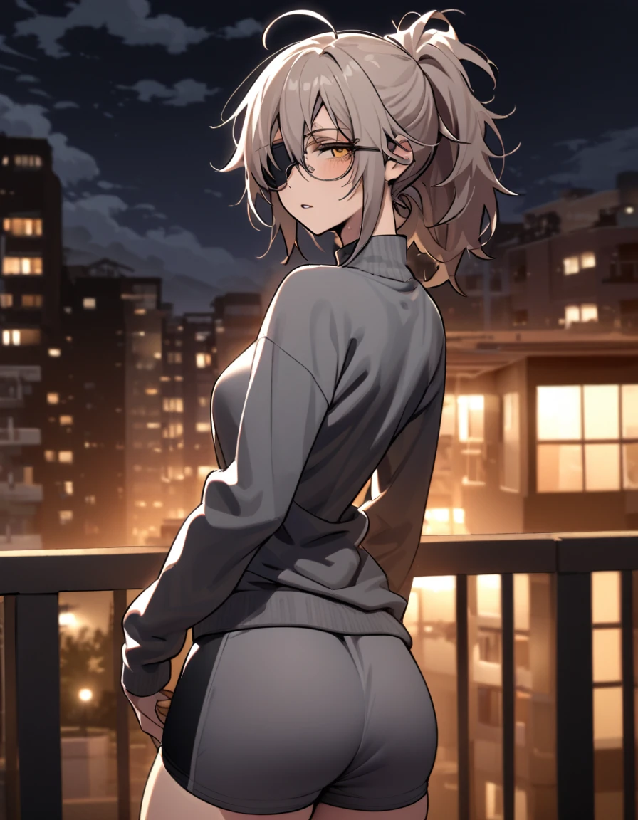 mature, golden eyes, looking at viewer, female, apartment background, messy hair, grey shoulder-length hair, ponytail, parted lips, hair between eyes, ahoge, emotionless, tired eyes, standing, from behind, yoga shorts, turtleneck shirt, medical eye patch, comfy clothes, glasses, night, cloudy