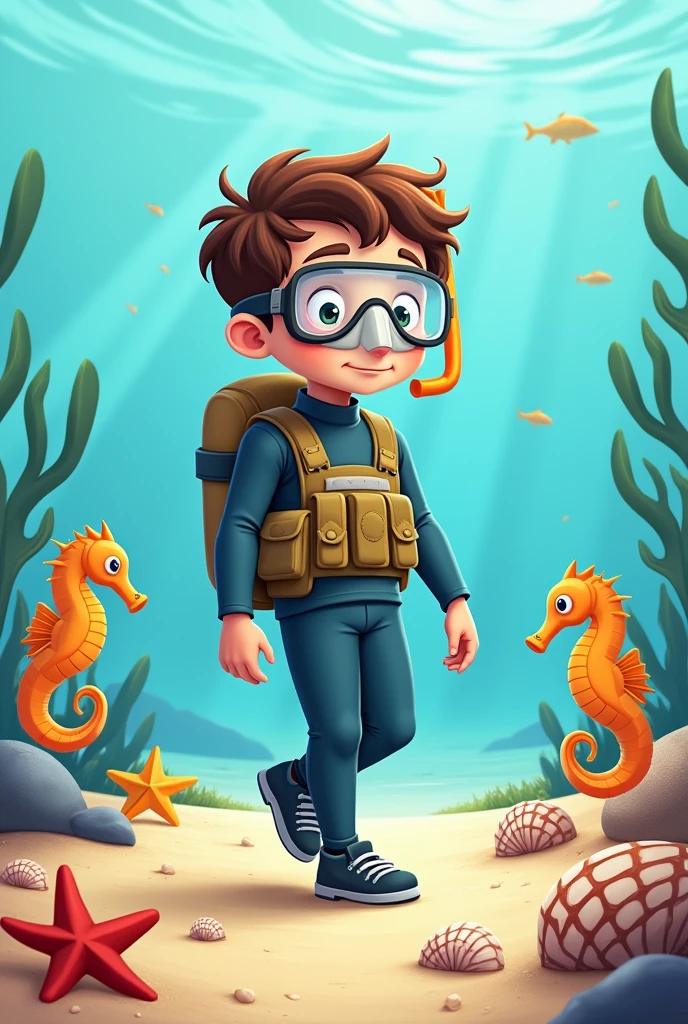 Image: Illustration of a boy walking on the seabed with a diving suit and diving mask, where starfish are denoted, seahorses and shells.