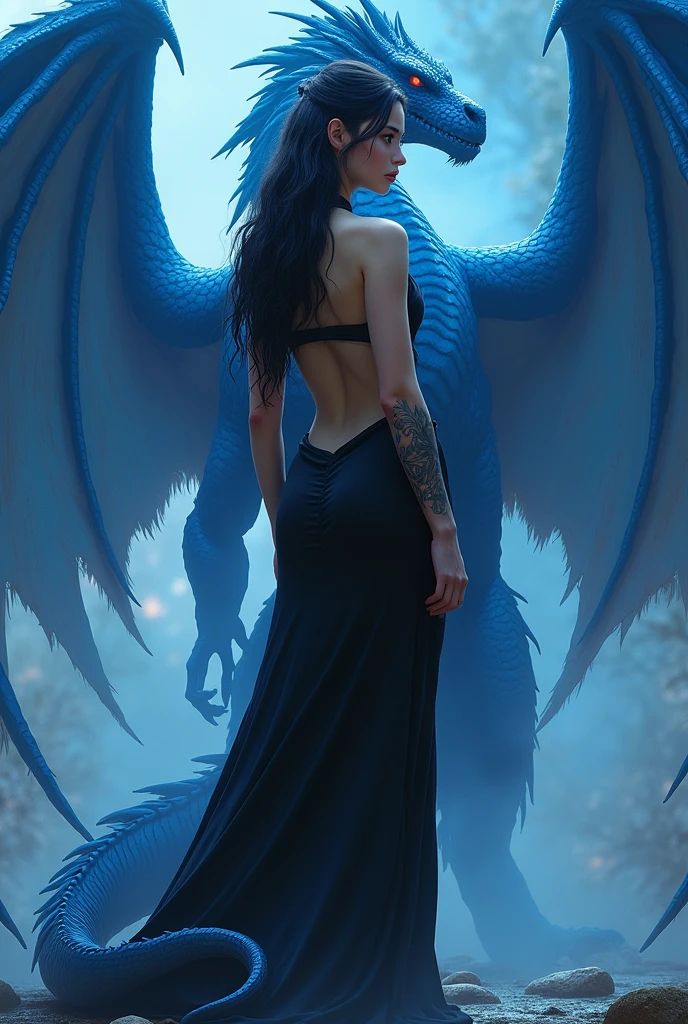 a nineteen-year-old American girl with a statuesque body, wearing a long black dress that is tight to the body with a low-cut back that leaves the blue dragon tattoo design on display, taking up space on the back. Her hair is long and black with light blue at the ends.. Skin color is light. Behind her is a large blue dragon with a morning star tipped tail..