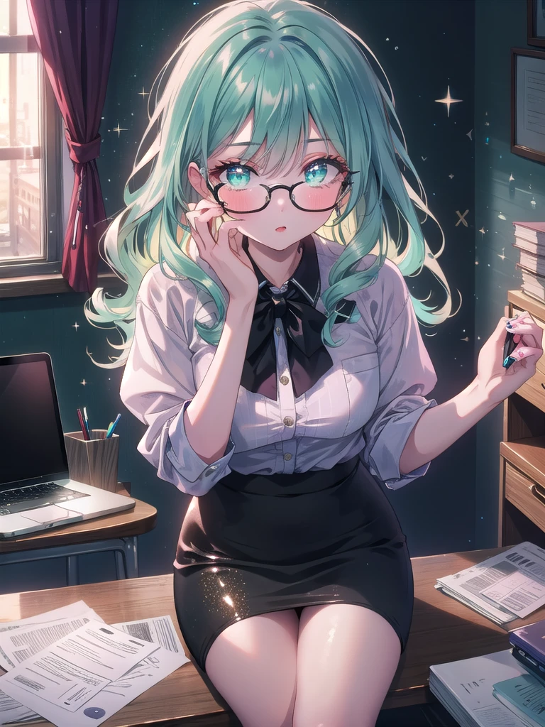 ((8k, Highest quality, masterpiece: 1.3)),Ultra-high resolution,(1 girl, alone), (Color changing eyes, Ultra-detailed, Expressive brilliance, Glitter, Glowing Eyes), Highly detailed eyes, Highly detailed face, Random Hair, ((pastel colour)),A confident young woman with pastel mint-green hair styled into soft curls, sitting at her desk in her dimly lit bedroom during a quiet night. She is dressed in a seductive secretary cosplay, wearing a tight pencil skirt, a low-cut blouse, and a pair of glasses perched on her nose. The camera captures her from a slightly elevated angle as she leans over the desk, her expression professional yet alluring. The room is softly lit by a desk lamp, with a laptop, some papers, and a few office supplies spread out, creating an atmosphere of both professionalism and seduction.