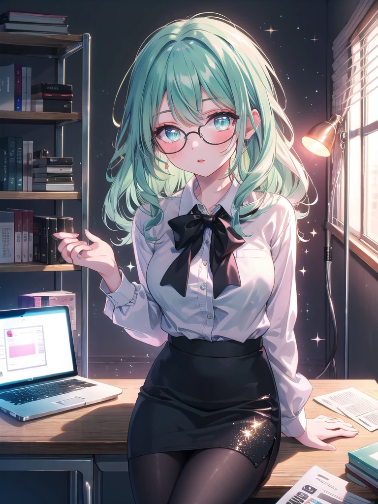((8k, Highest quality, masterpiece: 1.3)),Ultra-high resolution,(1 girl, alone), (Color changing eyes, Ultra-detailed, Expressive brilliance, Glitter, Glowing Eyes), Highly detailed eyes, Highly detailed face, Random Hair, ((pastel colour)),A confident young woman with pastel mint-green hair styled into soft curls, sitting at her desk in her dimly lit bedroom during a quiet night. She is dressed in a seductive secretary cosplay, wearing a tight pencil skirt, a low-cut blouse, and a pair of glasses perched on her nose. The camera captures her from a slightly elevated angle as she leans over the desk, her expression professional yet alluring. The room is softly lit by a desk lamp, with a laptop, some papers, and a few office supplies spread out, creating an atmosphere of both professionalism and seduction.