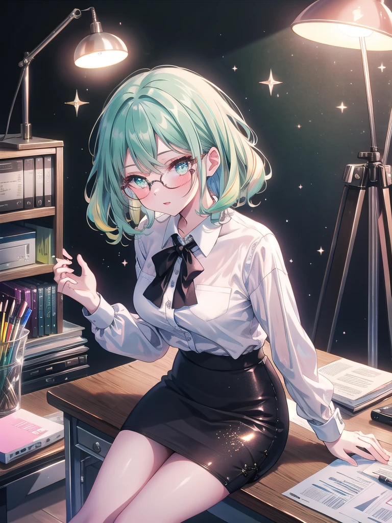((8k, Highest quality, masterpiece: 1.3)),Ultra-high resolution,(1 girl, alone), (Color changing eyes, Ultra-detailed, Expressive brilliance, Glitter, Glowing Eyes), Highly detailed eyes, Highly detailed face, Random Hair, ((pastel colour)),A confident young woman with pastel mint-green hair styled into soft curls, sitting at her desk in her dimly lit bedroom during a quiet night. She is dressed in a seductive secretary cosplay, wearing a tight pencil skirt, a low-cut blouse, and a pair of glasses perched on her nose. The camera captures her from a slightly elevated angle as she leans over the desk, her expression professional yet alluring. The room is softly lit by a desk lamp, with a laptop, some papers, and a few office supplies spread out, creating an atmosphere of both professionalism and seduction.