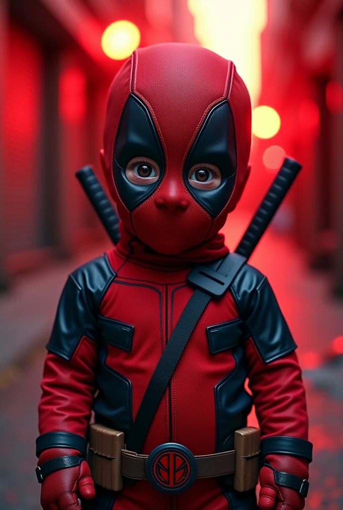 high resolution、Superior image quality、Top-notch image quality、Maximum quality、in 8K、real live action、realisitic、Raw photo、Masterpiece artwork、tabletop、professional lighting、realisitic background、((2 years))、standing、、cute (fantasia de fantasia de deadpool da marvel))、、, face and head with mask、mascara 、((closing the eye)), ((work of art), (best qualityer), (CRU photo), (fotorrealisitic:1.4), Foto altamente realisitic, Portrait of a baby, 1 year old, mascara deadpool, glare eyes, wearing a marvel deadpool costume, detailed clothing, The light from above shines down, (Red city environment background), photo taken in 1975 by Fujifilm XT3