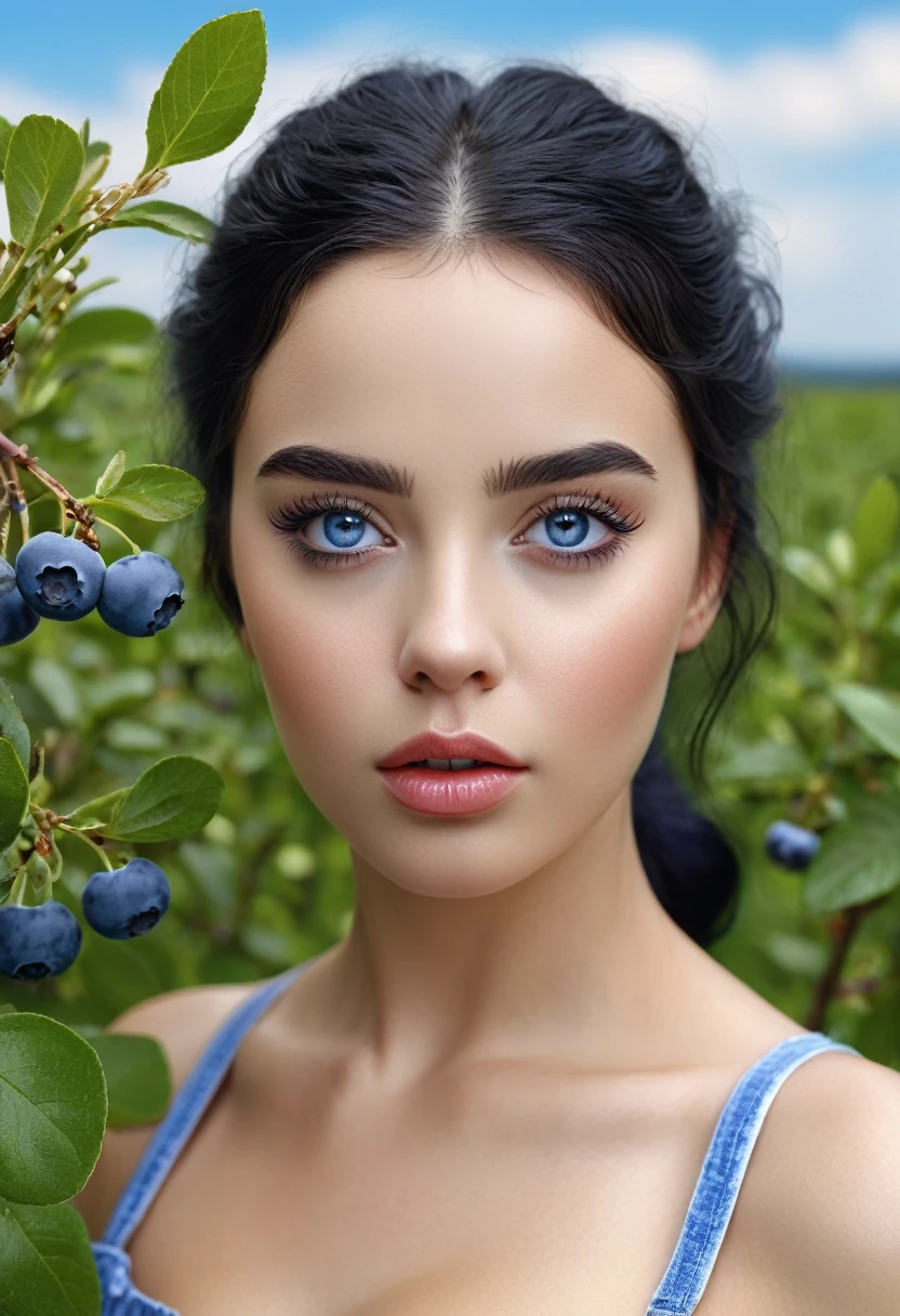 A woman in a blueberry field, 1girl, beautiful detailed eyes, beautiful detailed lips, extremely detailed eyes and face, long eyelashes, woman with black hair, blueberries, white background, (best quality,4k,8k,highres,masterpiece:1.2),ultra-detailed,(realistic,photorealistic,photo-realistic:1.37),concept art,vibrant colors,natural lighting