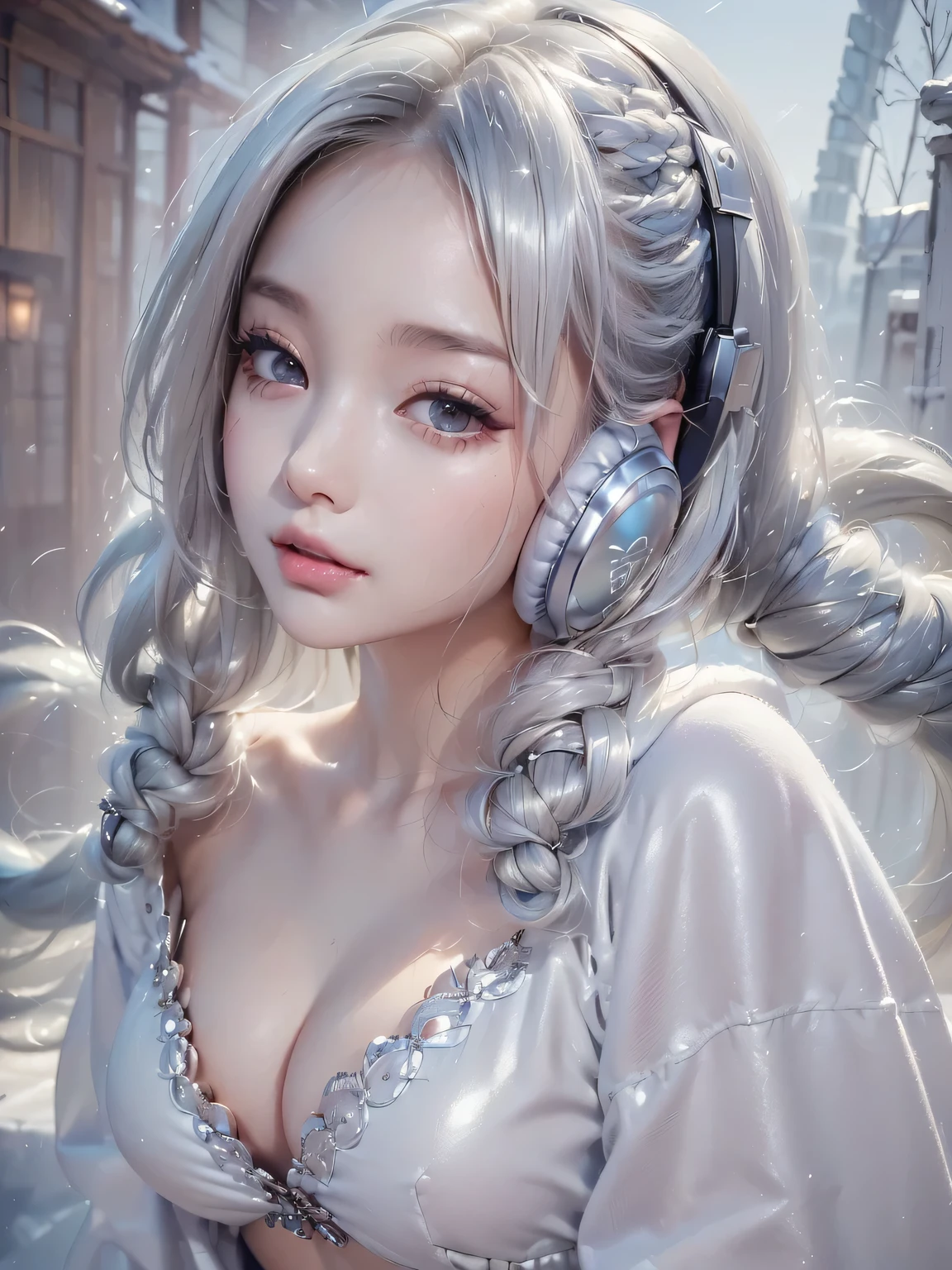 ((face, style)).((masterpiece:1.5))((alone、Woman wearing giant headphones:1.5、Detailed face、Big Eyes、Bright expression、small breasts, cleavage、Best Looks、Ultimate beauty、Shiny silver hair with highlights、明るい and shiny hair,、Modern Hairstyles、Hair dancing in the wind))(morning、indoors)Please look away from here、Beautiful profile、winter
