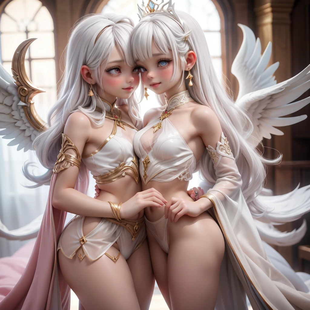 ariel, upper body portrait, two girls hugged,Kissing on the mouth, white hair, beautiful, cute arabian transparent Langerie, warrior,Asas de anjo, Flutuando no ar,usando joias em ouro em todo corpo, Coroa de Princesa na cabeça, midriff, fit, white hair,  desert background, realistic fantasy ,concept art, sexy, excited, gorgeous face,fully body, breasts small, smooth skin, Medium pink mouth, Linda, naturals .Transparent silk on clothes, 80% of the uncovered body,Cheeky smile.,Well-defined lips. 