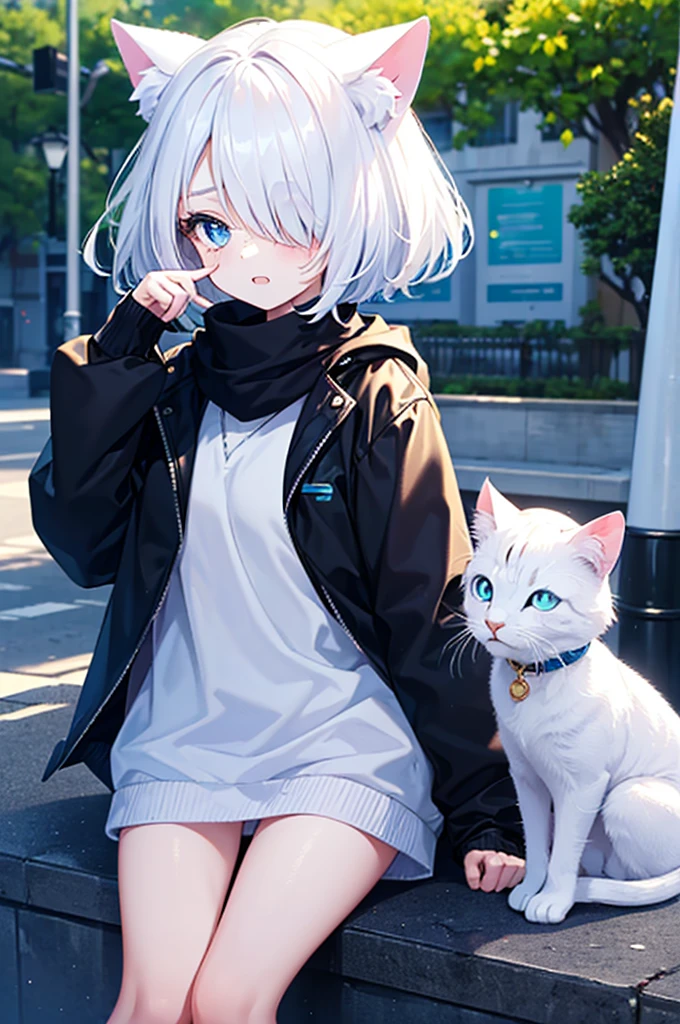 1 girl, (loli:1.5), wearing white sleeveless sweater and wearing black blue reversibel jacket, (no pants:1.2), white short hair, white cat ears, (bangs covering right eye:1.5), blue eyes, in the park, park background, (detailed), ((best quality))