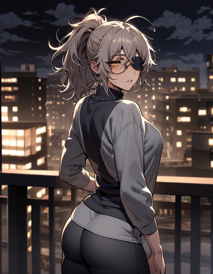 mature, golden eyes, looking at viewer, female, apartment background, messy hair, grey shoulder-length hair, ponytail, parted lips, hair between eyes, ahoge, emotionless, tired eyes, standing, from behind, yoga pants, turtleneck shirt, medical eye patch, comfy clothes, glasses, night, cloudy, toned