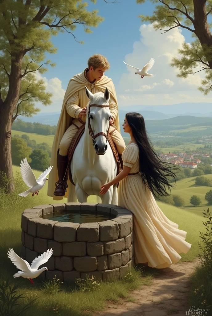 A blond-haired prince riding a white horse meets a servant girl with long black hair and white skin drawing water from a well.. There are white doves in the picture 