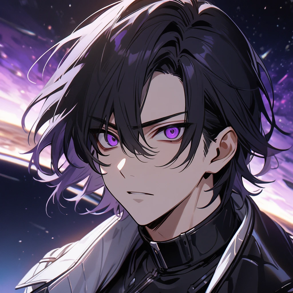 High quality, HD, 4k, no shadows, handsome male, handsome, 1male, 17 years old, teenager, jet black hair, short black hair, dark hair, black hair, jet black hair, sharp eyes, deep purple colored eyes, dark purple colored eyes, deep purple eyes, purple eyes, devil may cry, close up, calm expression, stoic expression, black leather clothes, white leather clothing, lean body, well trained body, upper body, looking at viewer, cowboy shot, white solar, space background