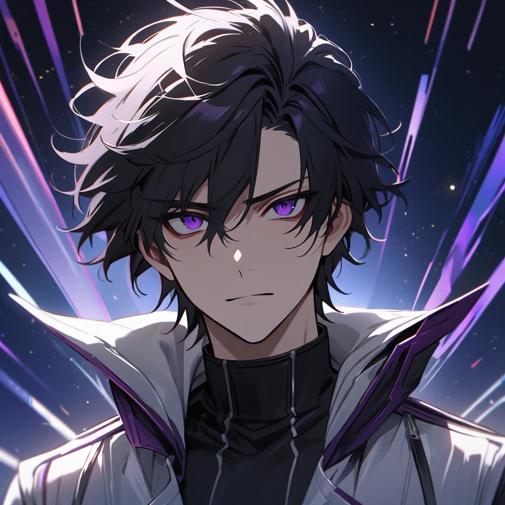 High quality, HD, 4k, no shadows, handsome male, handsome, 1male, 17 years old, teenager, jet black hair, short black hair, dark hair, black hair, jet black hair, sharp eyes, deep purple colored eyes, dark purple colored eyes, deep purple eyes, purple eyes, devil may cry, close up, calm expression, stoic expression, black leather clothes, white leather clothing, lean body, well trained body, upper body, looking at viewer, cowboy shot, white solar, space background