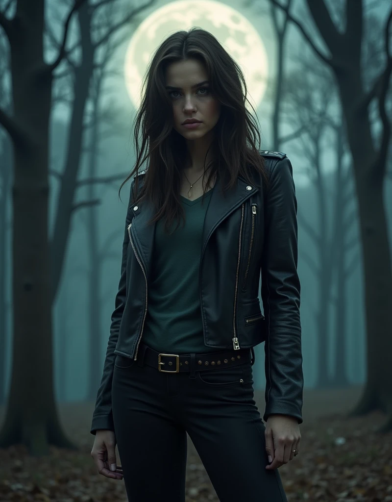 Werewolf Girl inspired by the Originals and The Vampire Diaries TV Series character Hayley Marshall (Phoebe Tonkin). Beautiful brunette woman. wearing leather jacket and dark pants, Midjourney AI Generated Art, mystical forest with full moon glowing in the background, AI Artificial Intelligence Artworks, Character Inspiration.