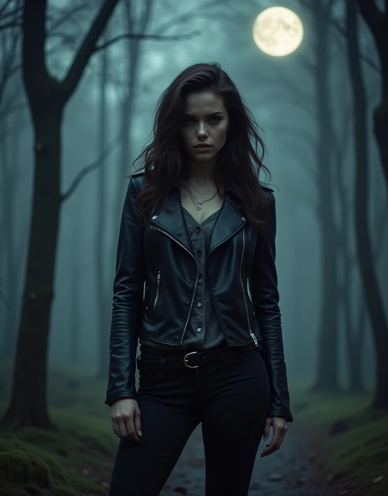 Werewolf Girl inspired by the Originals and The Vampire Diaries TV Series character Hayley Marshall (Phoebe Tonkin). Beautiful brunette woman. wearing leather jacket and dark pants, Midjourney AI Generated Art, mystical forest with full moon glowing in the background, AI Artificial Intelligence Artworks, Character Inspiration.
