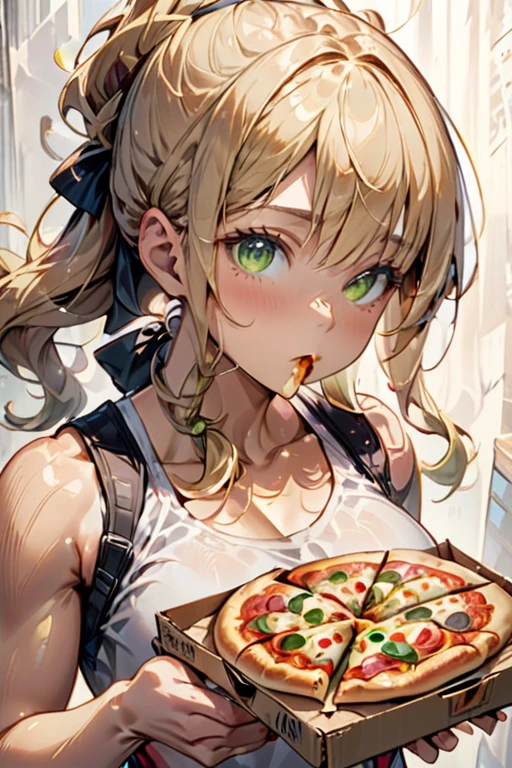college woman; Athletic and toned physique; naturally attractive with delicate features; long, wavy blonde hair often tied back; striking green eyes; fair skin with a light tan; best quality; soft blur background; trending on artstation; complex volumetric lighting; strong shadows; artistic lighting; dynamic; energetic vibe; realistic skin; specular highlights; micro-textures; highly detailed hair; eating pizza out of the pizza box, wearing slovenly clothes