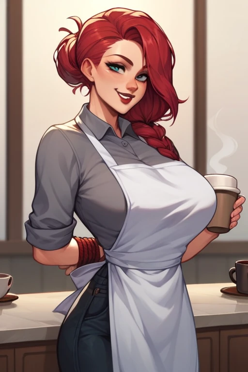 Woman cherry red hair tied up Blue eyes white skin red lips Hourglass body big breasts dressed in black pants gray shirt and white apron with smiling with a coffee 