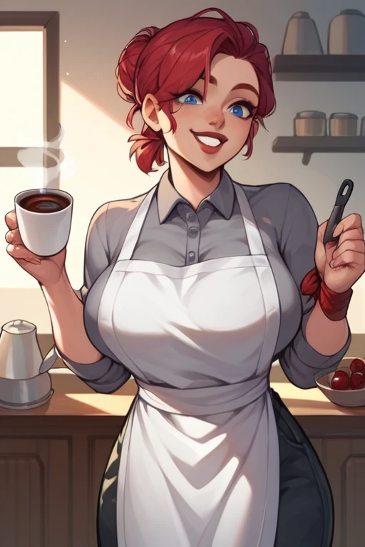 Woman cherry red hair tied up Blue eyes white skin red lips Hourglass body big breasts dressed in black pants gray shirt and white apron with smiling with a coffee 