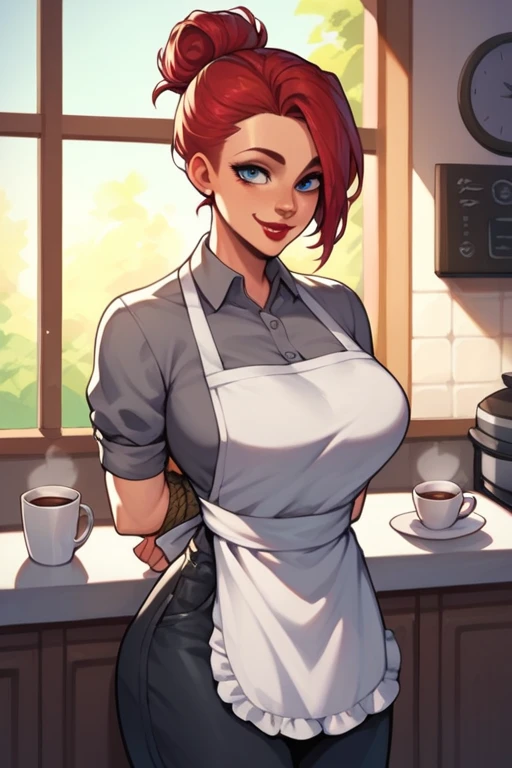 Woman cherry red hair tied up Blue eyes white skin red lips Hourglass body big breasts dressed in black pants gray shirt and white apron with smiling with a coffee 