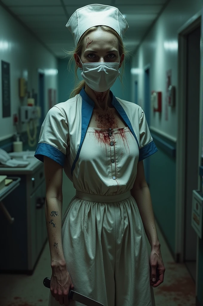 "A woman with a height of approximately 1.68 meters, with a worn and blood-stained nurse's uniform. The uniform is white with blue details., with short sleeves and a high neck. The nurse is wearing a white surgical mask covering her face., with a white cap covering her hair. His eyes are dark and empty, with an expression of pain and suffering. Her skin is pale and discolored, with a worn texture. He carries a surgical knife in his right hand., with the blade facing down. His posture is hunched, with head tilted forward and shoulders slumped. The background is a hospital or a medical room, with medical equipment and supplies in the background."
add additional details such as:
- Dim, shadowy lighting - Realistic shading and textures - Expression of pain and suffering on the face - Blood stains and wear on the uniform - Medical equipment and supplies in the background