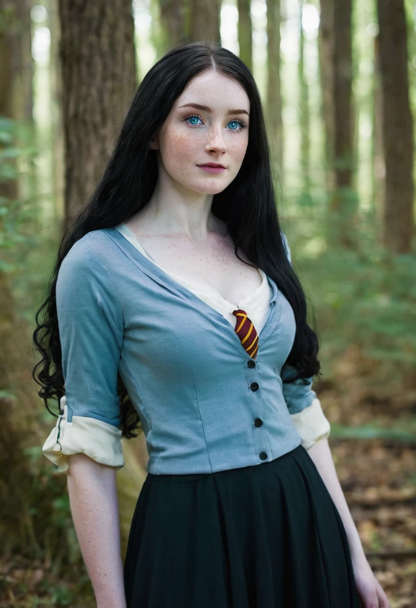 Caucasian woman 1.75 tall, light blue eyes, long black hair, pale skin and freckles, double E breasts, big butt. She is dressed as a harry potter.