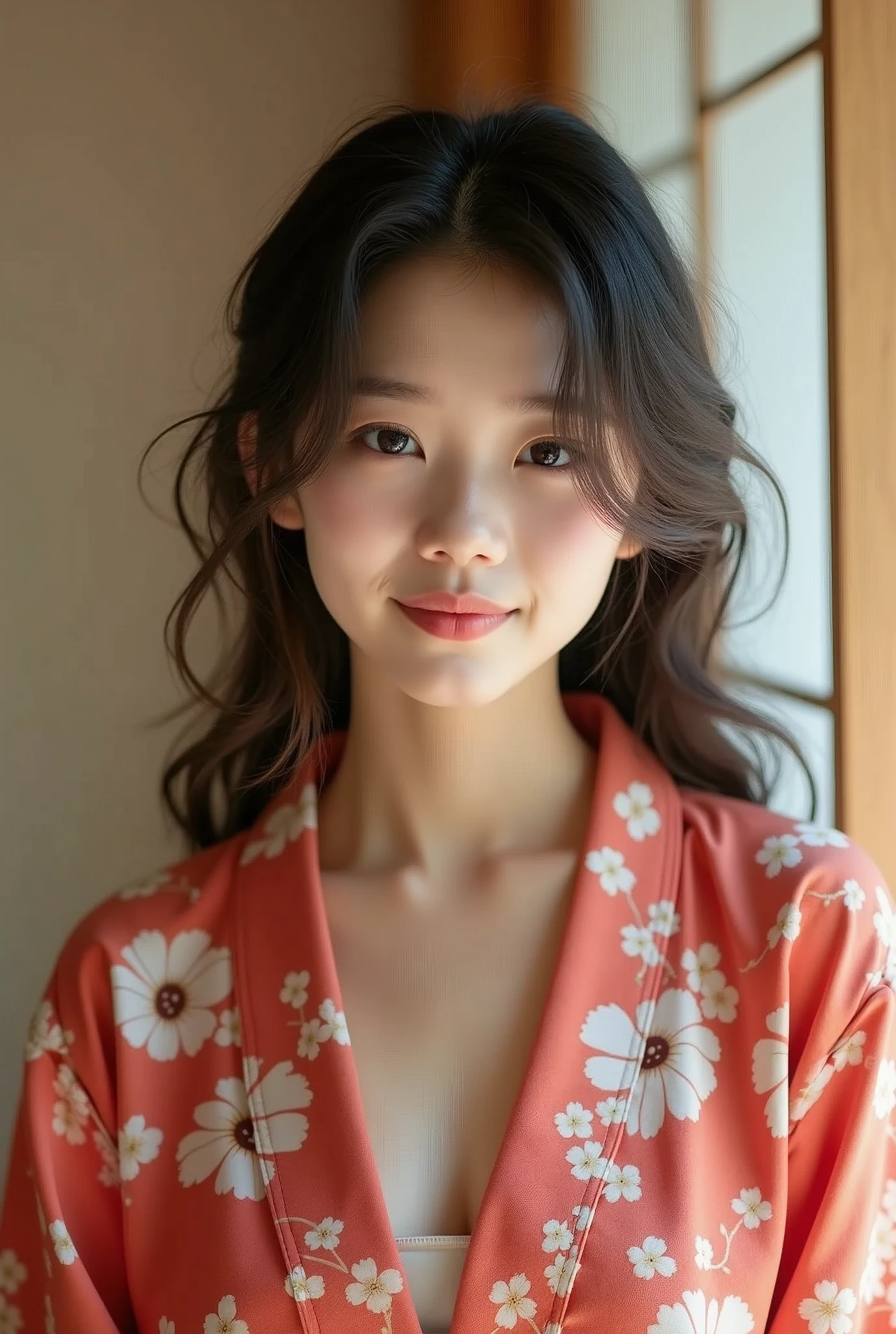 A very cute face like an idol、like々A 19-year-old woman with a cute face、Gentle and cute、A kind smile、(((Japanese Yukata)))、Sleeping on futons in a Japanese-style room (washitsu) of a ryokan、Cleavage、(Full body portrait)、RAW Photos、Genuine、High resolution