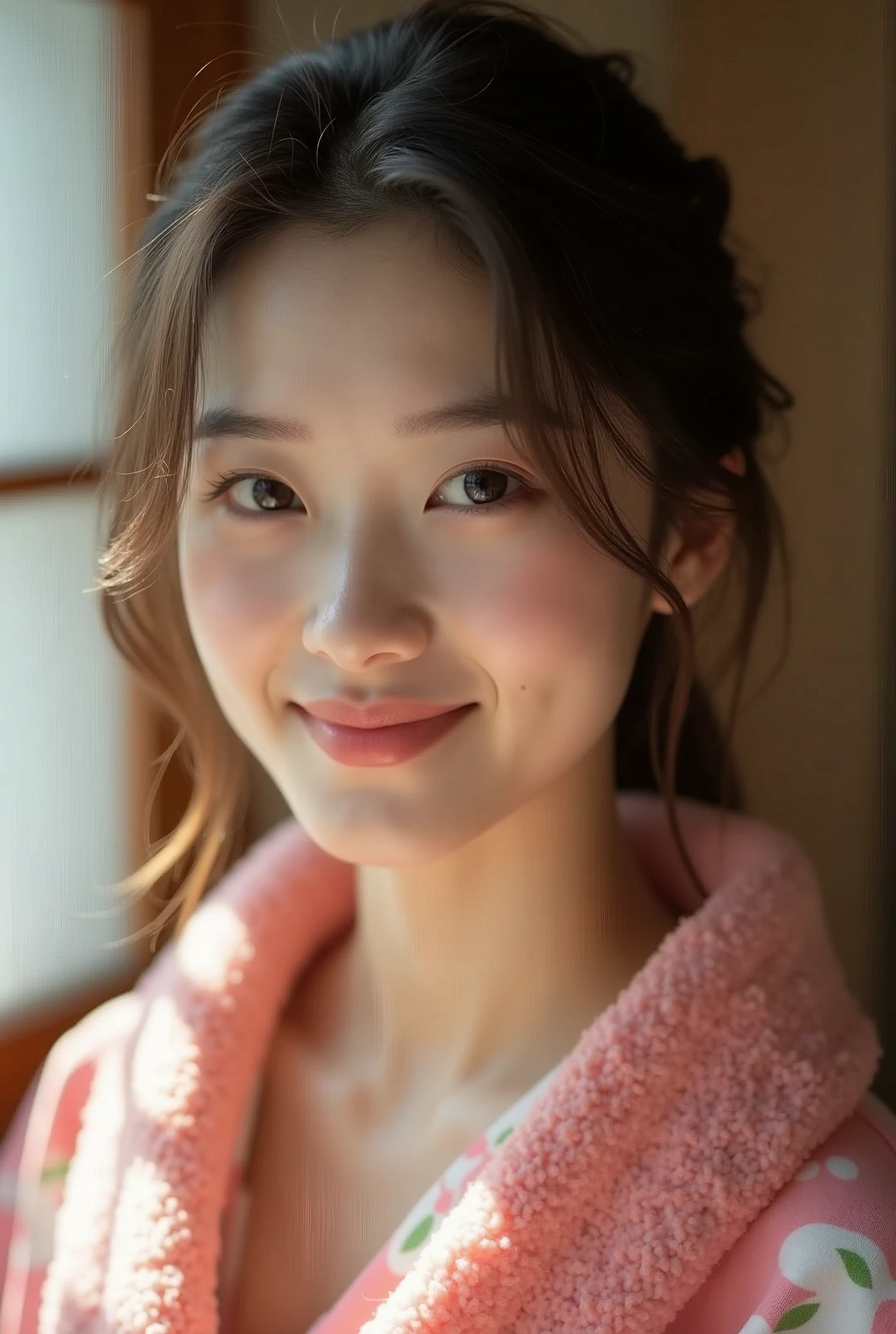 A very cute face like an idol、like々A 19-year-old woman with a cute face、Gentle and cute、A kind smile、(((Japanese Yukata)))、Sleeping on futons in a Japanese-style room (washitsu) of a ryokan、Cleavage、(Full body portrait)、RAW Photos、Genuine、High resolution