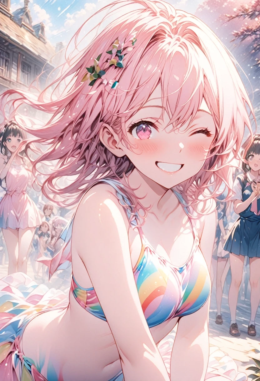 masterpiece、Highest quality、Highly detailed CG Unity 8k wallpaper、High School Girl Anime Illustration。Wearing a rainbow swimsuit、Doing the peace sign、(Hair Ribbon:0.4), Pink Eyes,(((White bun hair))),(((Pink long hair))),Smiling with eyes closed and mouth open。The background is a pale pastel colored landscape.、Watercolor Digital Art、It's a little embarrassing
