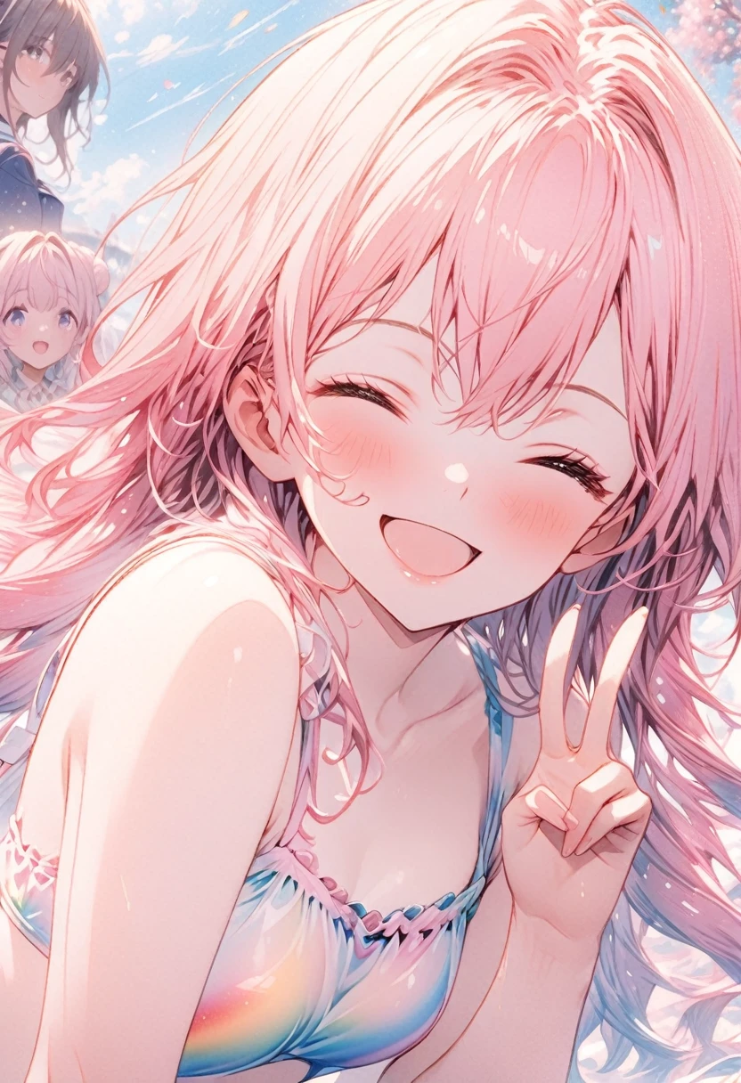 masterpiece、Highest quality、Highly detailed CG Unity 8k wallpaper、High School Girl Anime Illustration。Wearing a rainbow swimsuit、Doing the peace sign、(Hair Ribbon:0.4), Pink Eyes,(((White bun hair))),(((Pink long hair))),Smiling with eyes closed and mouth open。The background is a pale pastel colored landscape.、Watercolor Digital Art、It's a little embarrassing