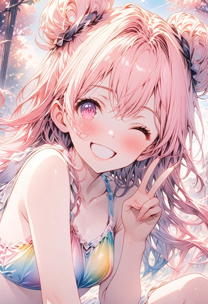 masterpiece、Highest quality、Highly detailed CG Unity 8k wallpaper、High School Girl Anime Illustration。Wearing a rainbow swimsuit、Doing the peace sign、(Hair Ribbon:0.4), Pink Eyes,(((White bun hair))),(((Pink long hair))),Smiling with eyes closed and mouth open。The background is a pale pastel colored landscape.、Watercolor Digital Art、It's a little embarrassing