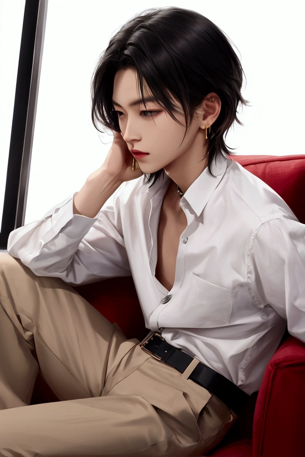 Korean man
The facial structure is not very small.
short hair
black hair color
Light pink lipstick
Velvet lipstick texture
The eyes are the same.
The nose is slender and prominent.
wearing a black necklace
wearing gold earrings
Wear a white shirt.
black pants
Wear a black belt
Turned around and sat on a golden chair.