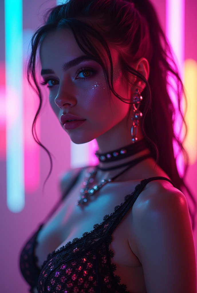 a beautiful young girl, cybergoth style, sensual pose, party outfit, detailed facial features, intricate makeup, neon lights, glowing neon accents, cinematic lighting, hyper-realistic, 8k, full body, photorealistic, masterpiece, award-winning digital art