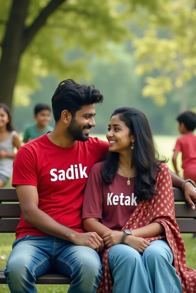 A young Indian couple sitting on a park bench together in a beautiful park. The man, wearing a red t-shirt with his name "SADIK" in bold letters, smiles warmly at the woman. The woman, wearing a cute outfit with a watch and necklace, has her name "KETAKI" written in bold letters on her t-shirt. They both smile at each other. Children are playing happily in the background. The image is high quality (4k). pen spark tune share moreover
